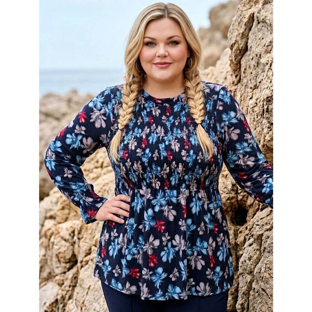 🔺️Lane Bryant Black Floral Print Smocked Long Sleeve Top Size 14